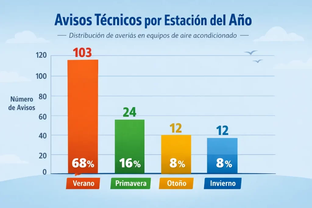 Grafico con 151 averias de aires split organizadas por epoca del año